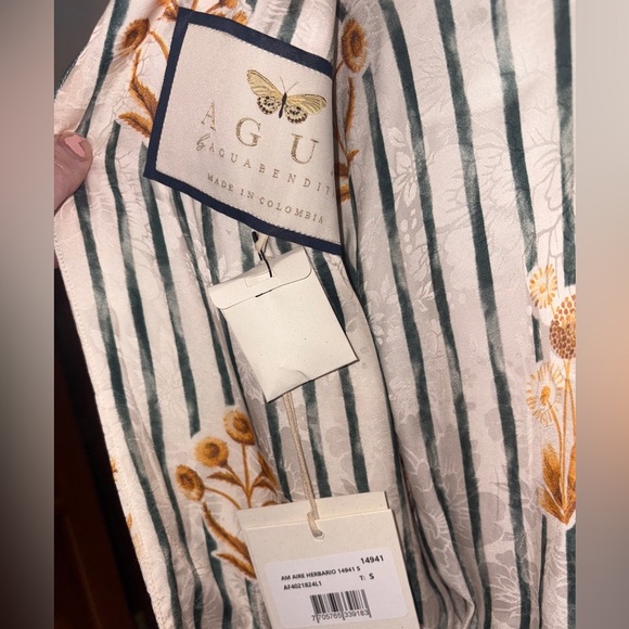 Agua Bendita Strip Floral Maxi Dress Short Sleeve Cream Green Size Small NWT - Picture 12 of 16